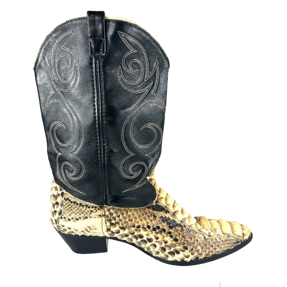 ACME Black and Tan Snakeskin Western Ankle Boot